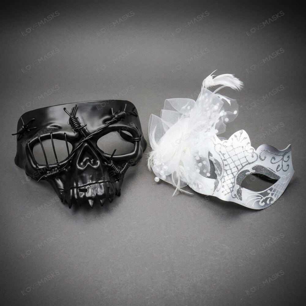 Black Skull and White Feather Lace Masquerade Halloween Party mask